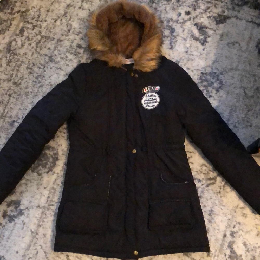 Black winter coat with Fur Hood